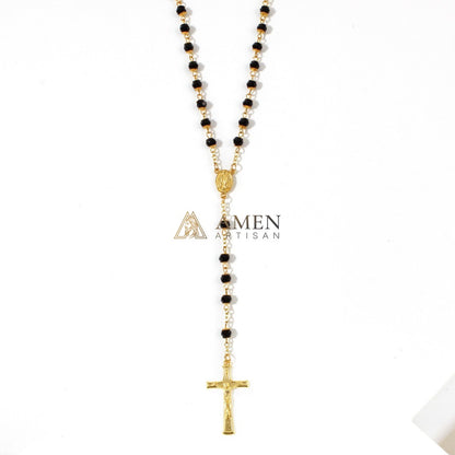 Black Glass Our Lady Crucifix Rosary Amen Artisan