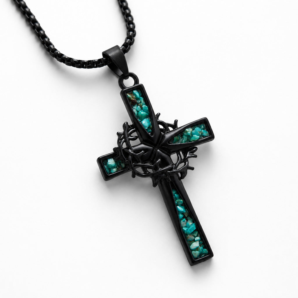【DEAL TODAY】Crown of Thorns Cross Necklace with Natural Turquoise Inlay | Amen Artisan