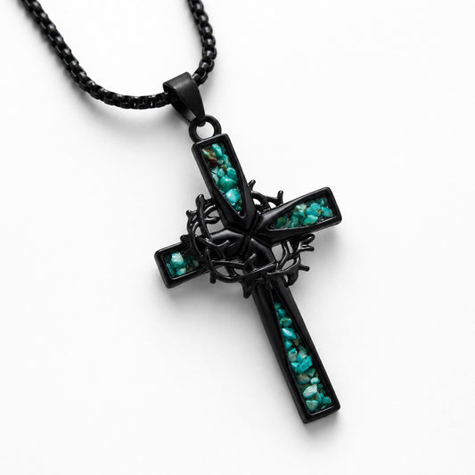 【DEAL TODAY】Crown of Thorns Cross Necklace with Natural Turquoise Inlay | Amen Artisan