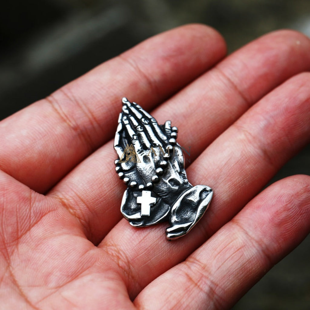 Praying Hands Cross Rosary Pendant Necklace Amen Artisan