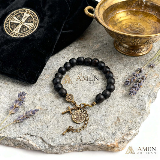 Black Wood Beads Brass Saint Benedict Medal Adjustment Bracelet Amen Artisan
