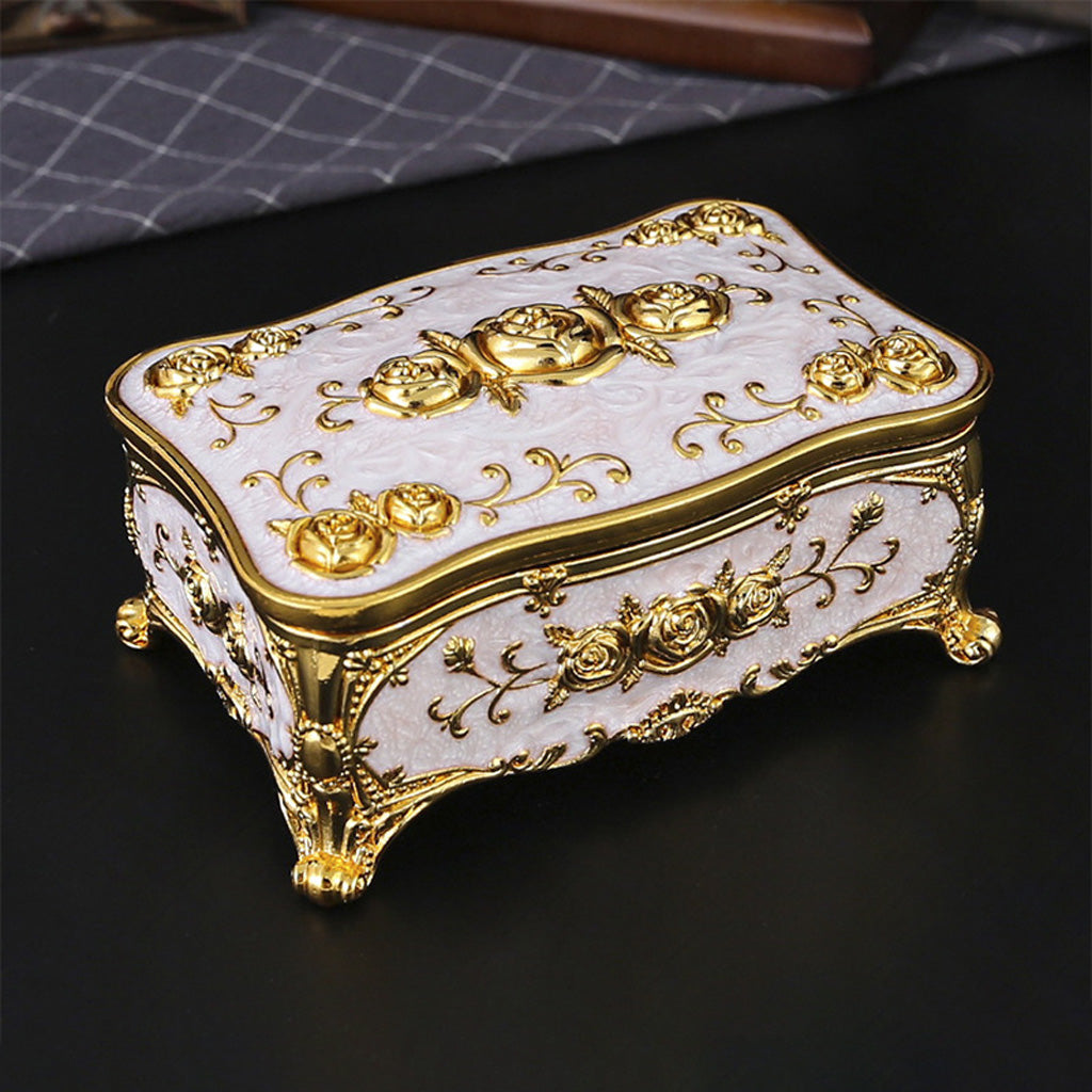 Vintage Rose Metal Rosary Keepsake Box with Gold-Tone Details
