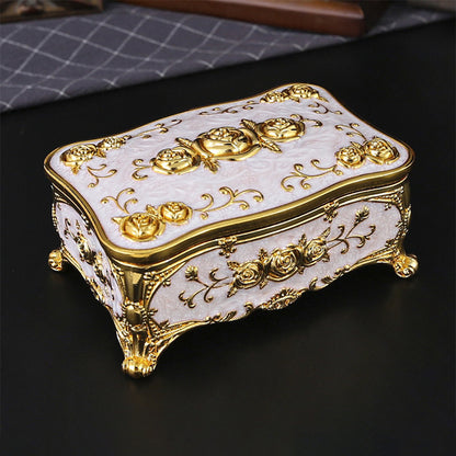 Vintage Rose Metal Rosary Keepsake Box with Gold-Tone Details