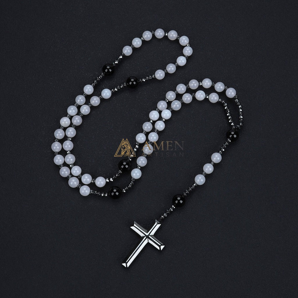 White Agate Cross Rosary Amen Artisan