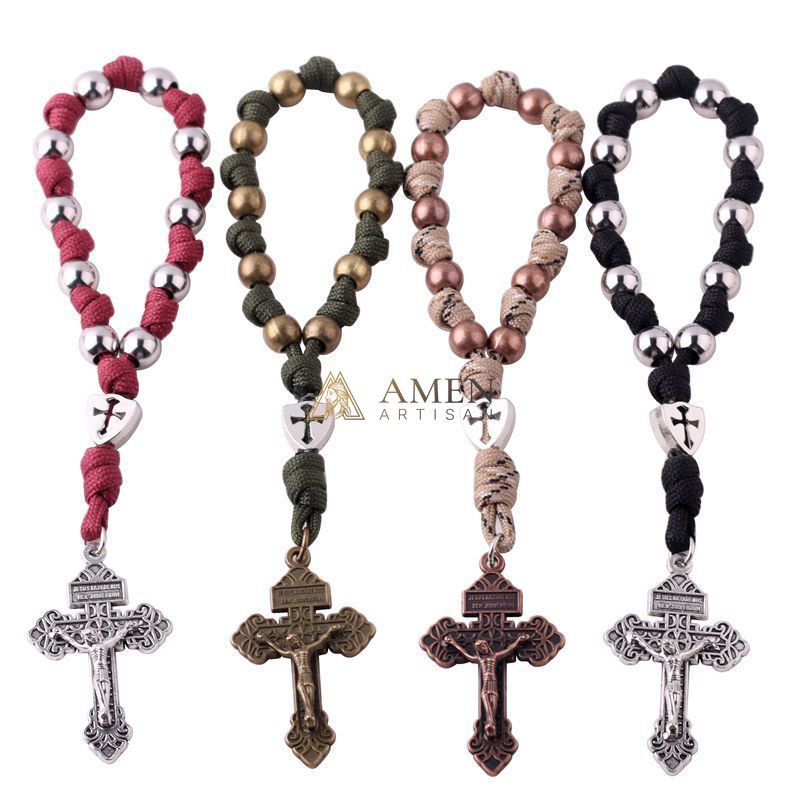 Military-Grade Paracord Pocket Rosary with Antique Bronze Beads Amen Artisan