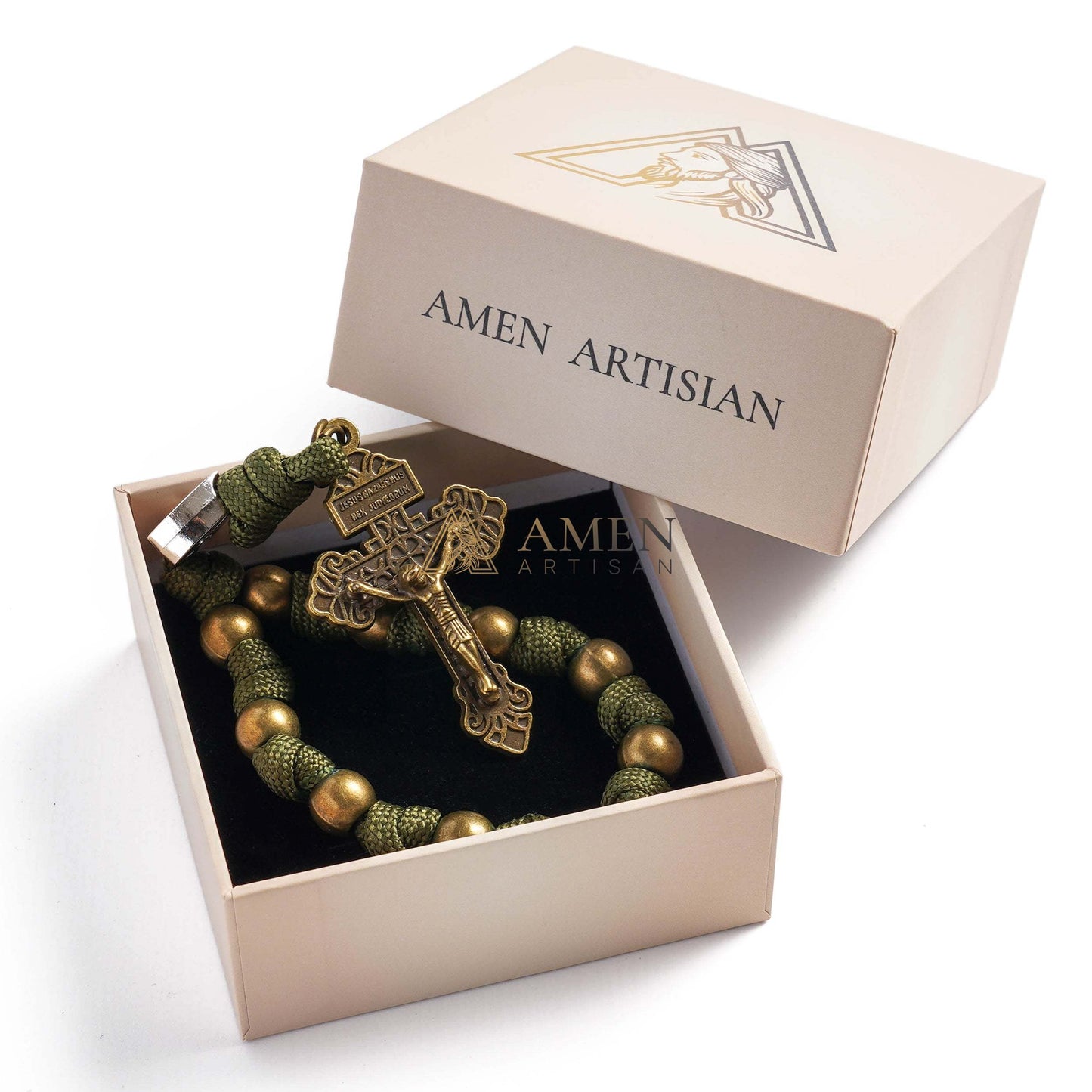 Military-Grade Paracord Pocket Rosary with Antique Bronze Beads Amen Artisan