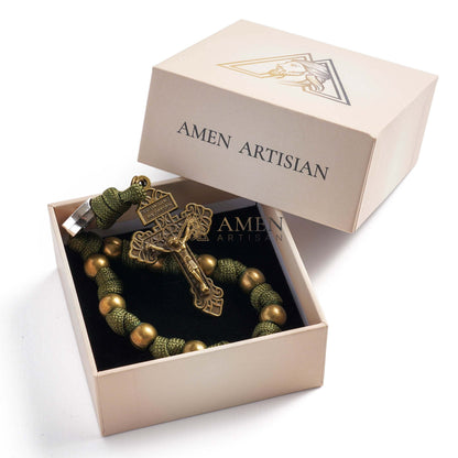 Military-Grade Paracord Pocket Rosary with Antique Bronze Beads Amen Artisan