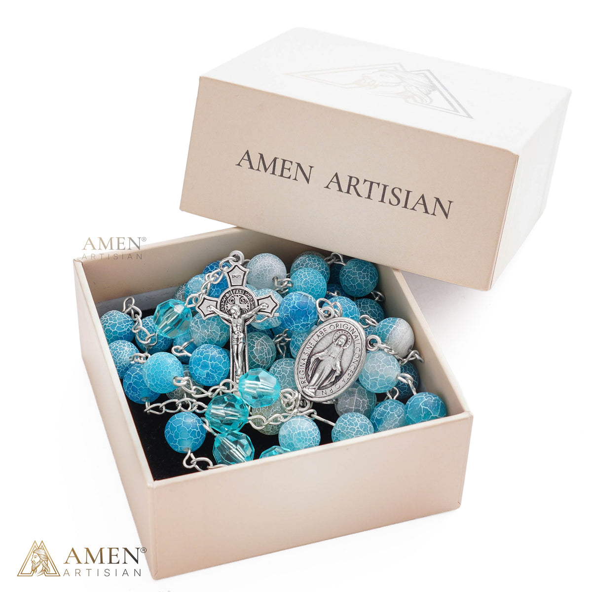Our Lady Natural Blue Stone Rosary — Miraculous Medal & St. Benedict Crucifix