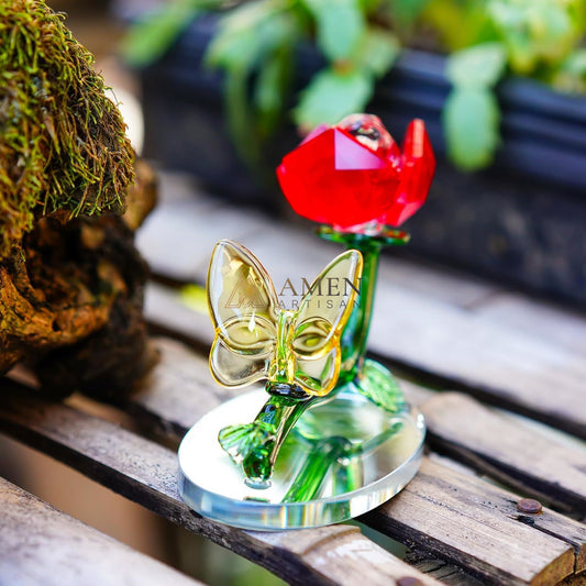 Crystal Red Rose and Yellow Butterfly Figurine Amen Artisan