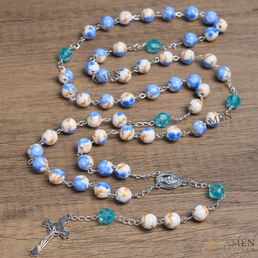 Blue Floral Ceramic Rosary Amen Artisan