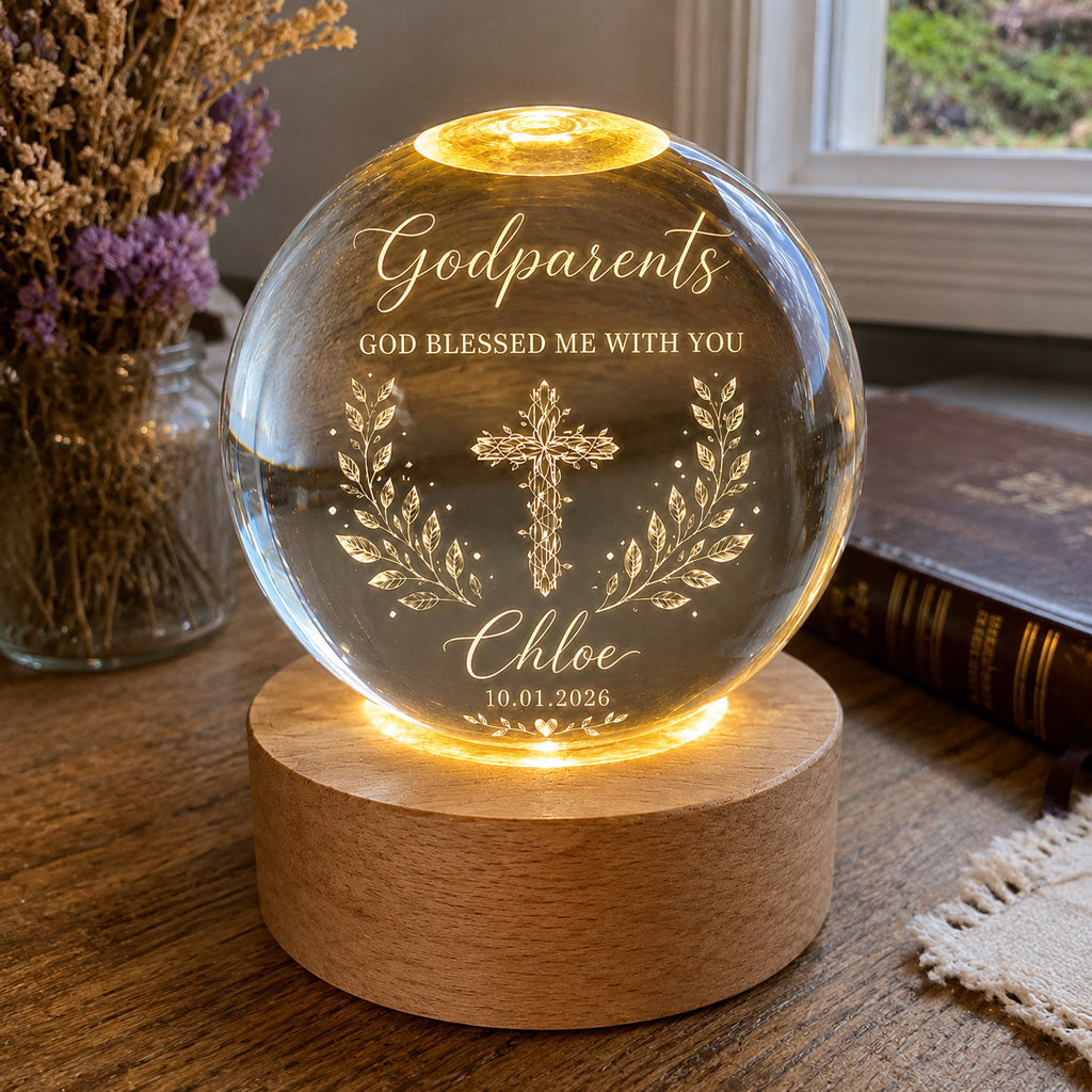 Personalized Godparents Crystal Night Light with Cross, Name, and Date — Faith Keepsake