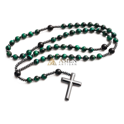 Green Tiger Eye Cross Rosary Amen Artisan