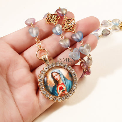 Heart-Shaped Stained Glass Our Lady Pendant Necklace Amen Artisan