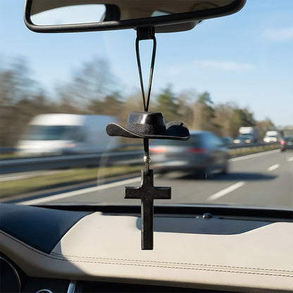 【Deal Today】Western Rearview Mirror Ornament with Cowboy Hat and Cross — Faith | Amen Artisan®