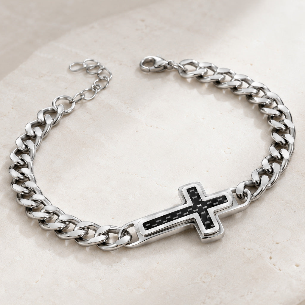 Clean-Lined Cross Bracelet with Curb Chain — Faith and Strength