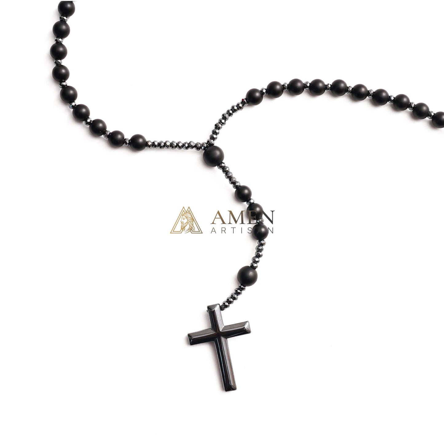 Black Onyx Cross Rosary Amen Artisan