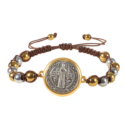 Amen Artisan Gold and Silver Beads Saint Benedict Medal Adjustable Bracelet