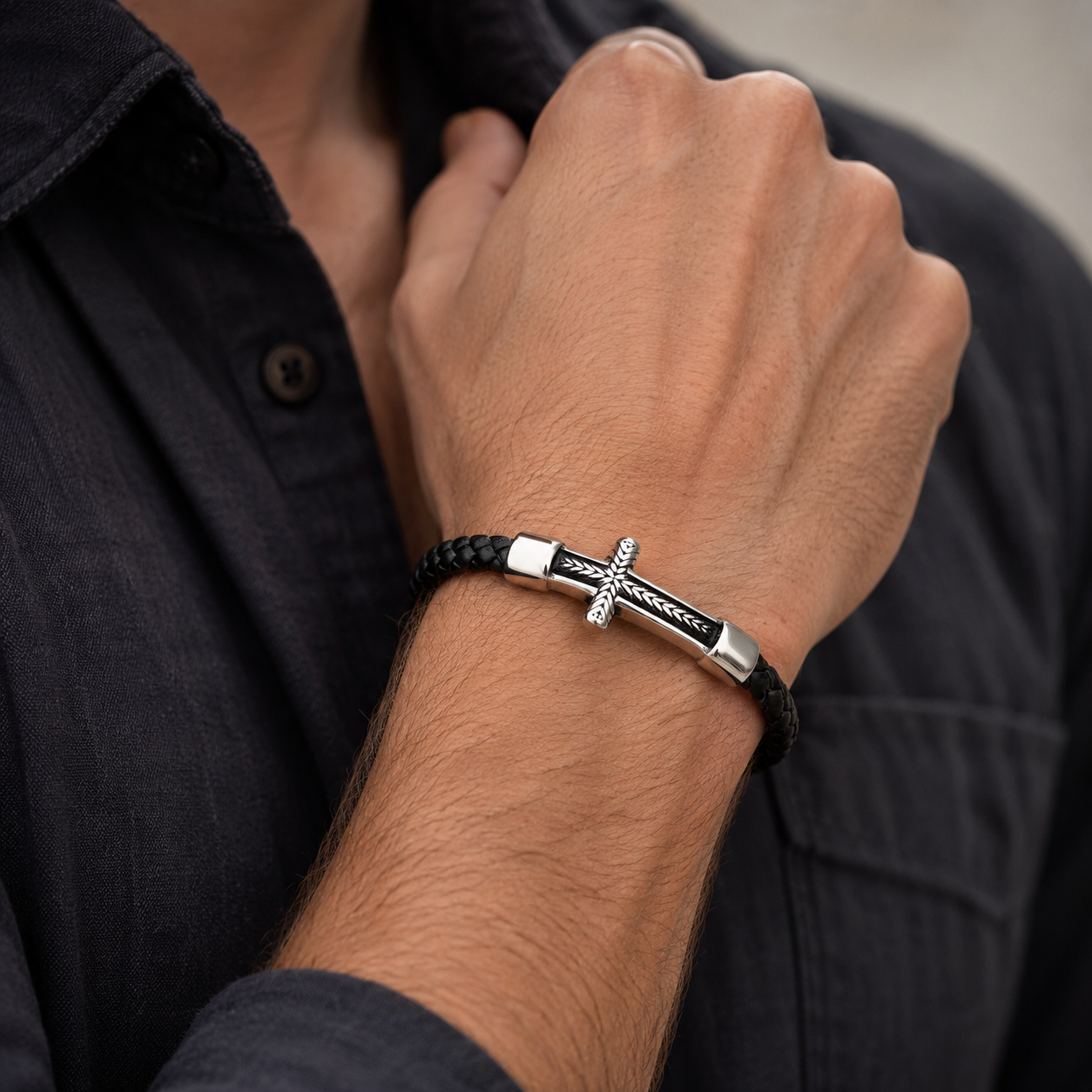 Black Leather Cross Bracelet with Magnetic Clasp — Daily Faith Reminder