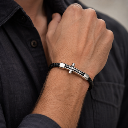 Black Leather Cross Bracelet with Magnetic Clasp — Daily Faith Reminder