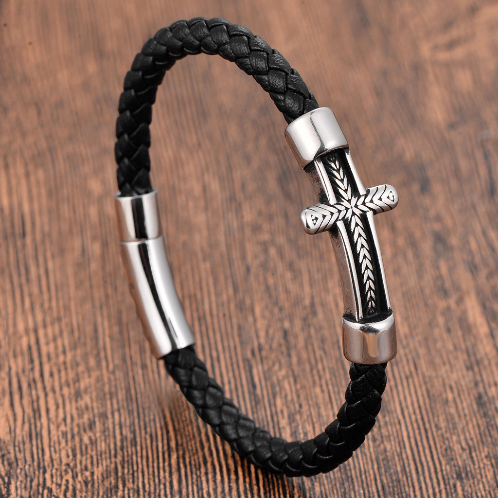 Black Leather Cross Bracelet with Magnetic Clasp — Daily Faith Reminder