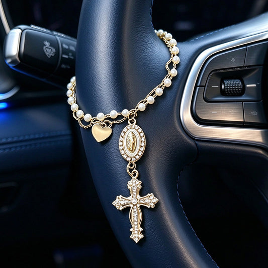 【DEAL TODAY】Virgin Mary & Cross Pearl-Like Bead Car Charm