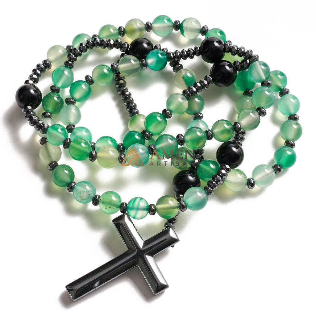Green Agate Rosary with Cross Amen Artisan