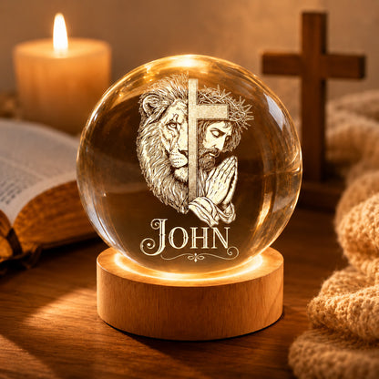 Personalized Christian Crystal Night Light with Lion, Cross, and Jesus — Strength