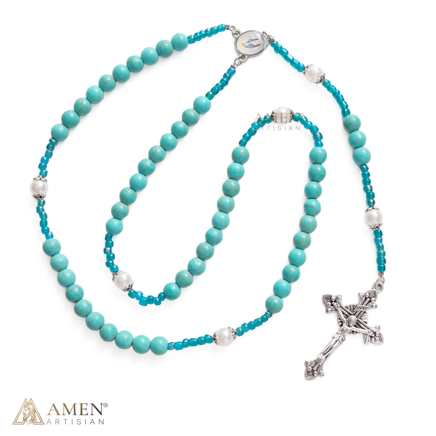 【DEAL TODAY】Blue Beaded Crucifix Necklace with Devotional Medal