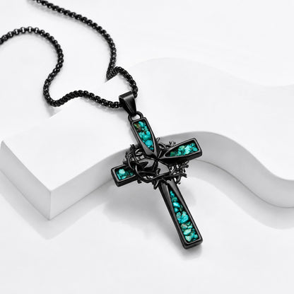 【DEAL TODAY】Crown of Thorns Cross Necklace with Natural Turquoise Inlay | Amen Artisan