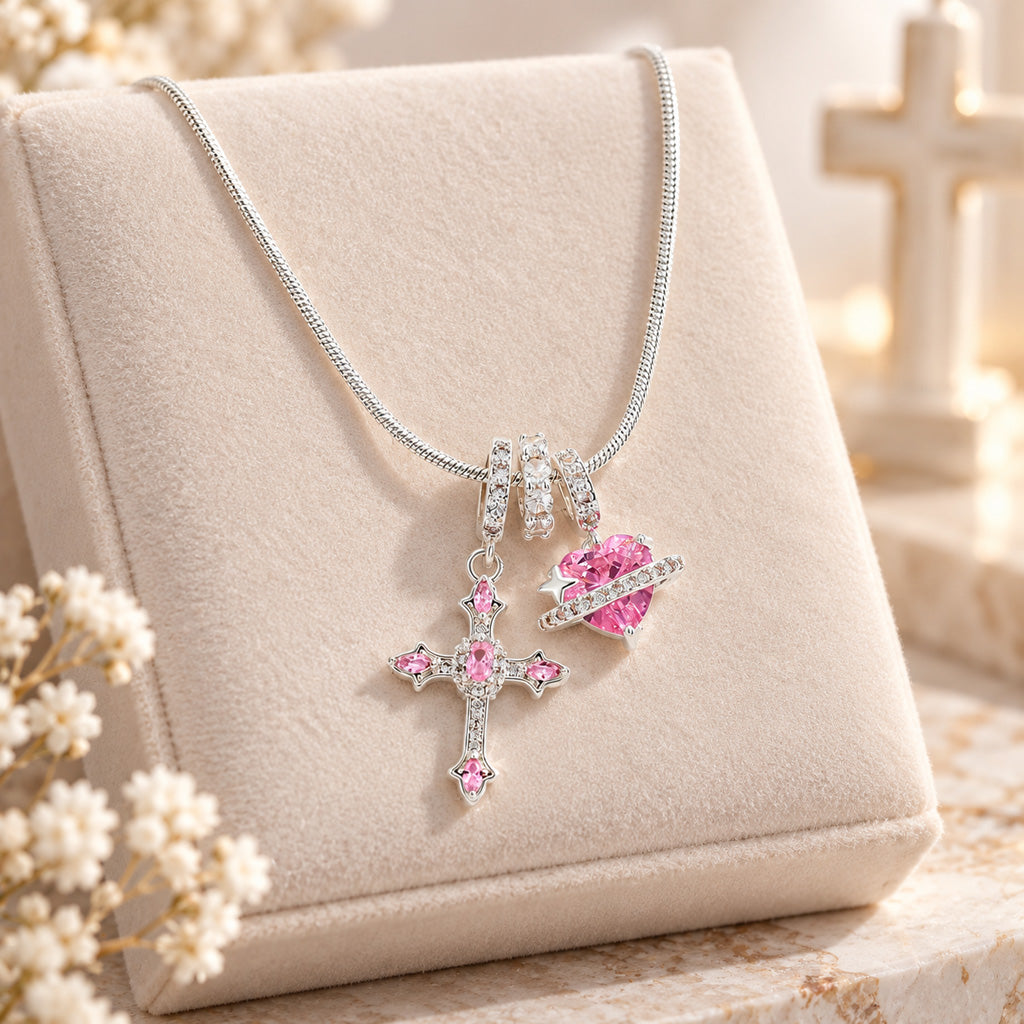 Pink Cross & Heart Charm Necklace