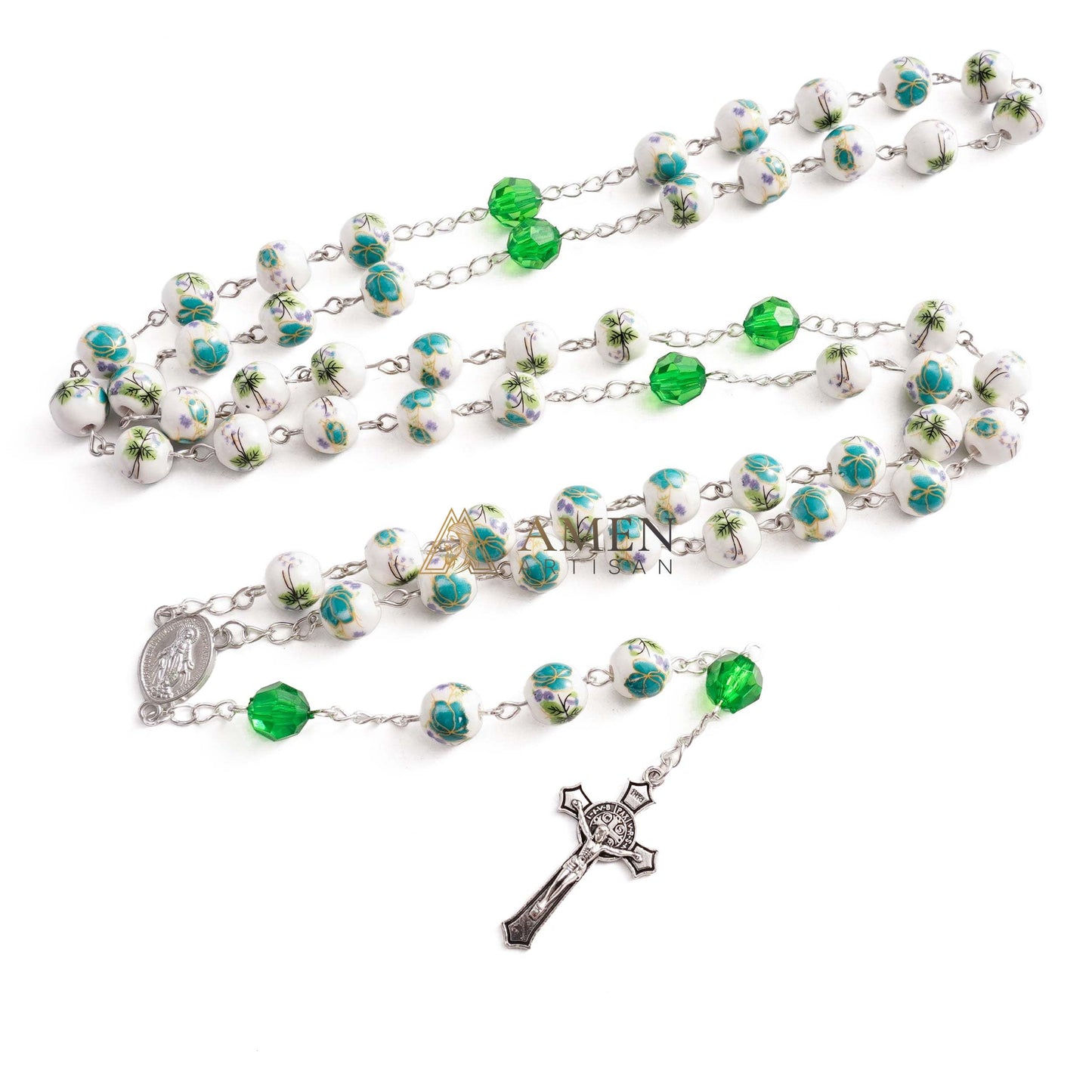 Cyan Floral Ceramic Rosary Amen Artisan