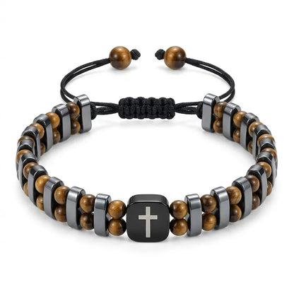 【DEAL TODAY】Retro Tiger Eye Cross Bracelet for Men with Adjustable Cord