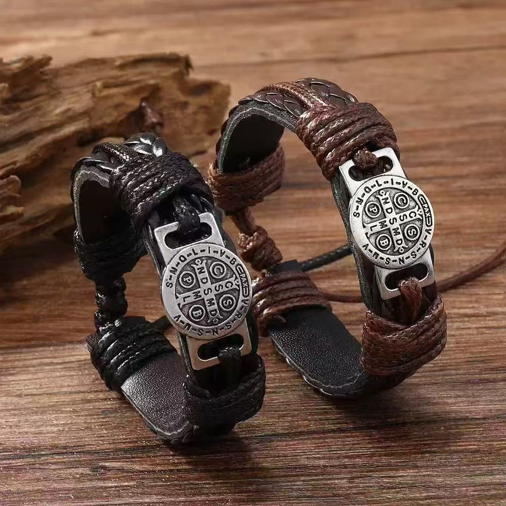 St. Benedict Medal Braided Leather Bracelet
