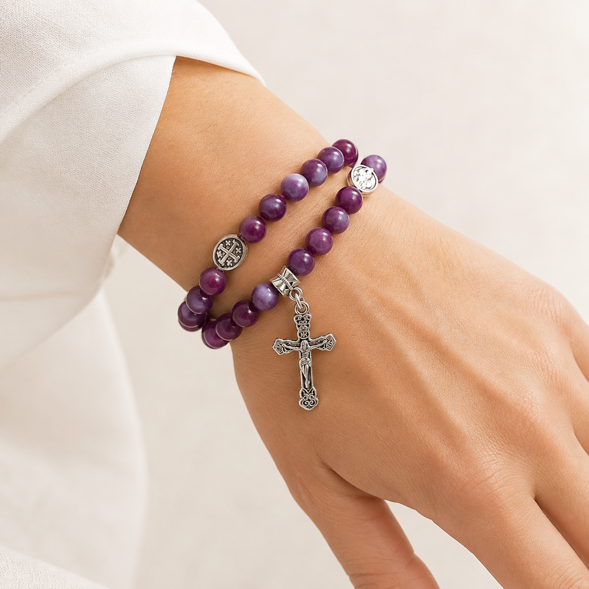 Purple Marbled Bead Crucifix Wrap Bracelet and Necklace