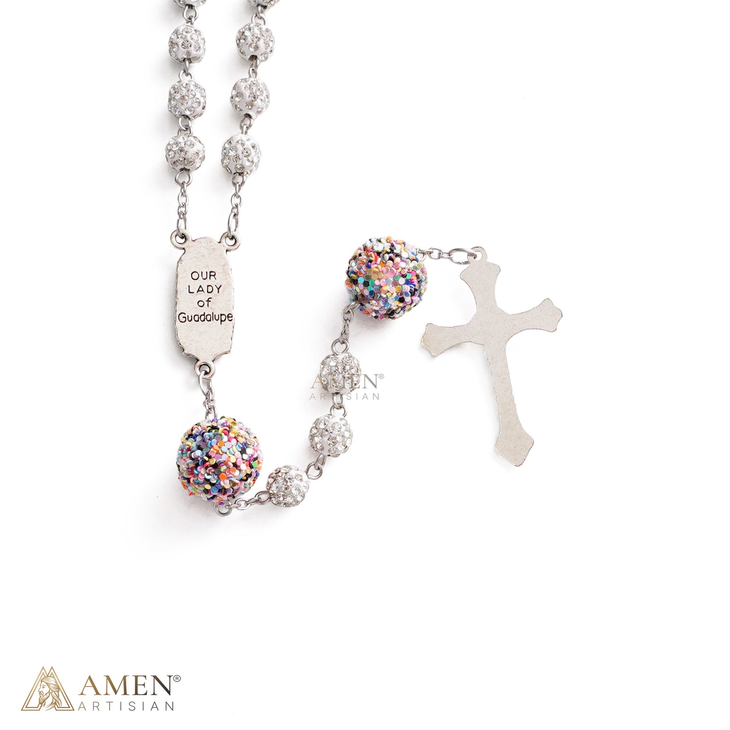 【DEAL TODAY】Our Lady of Guadalupe Five-Decade Rosary with Sparkling Rhinestone Beads and Colorful Sequin Accents — Grace and Devotion | Amen Artisan