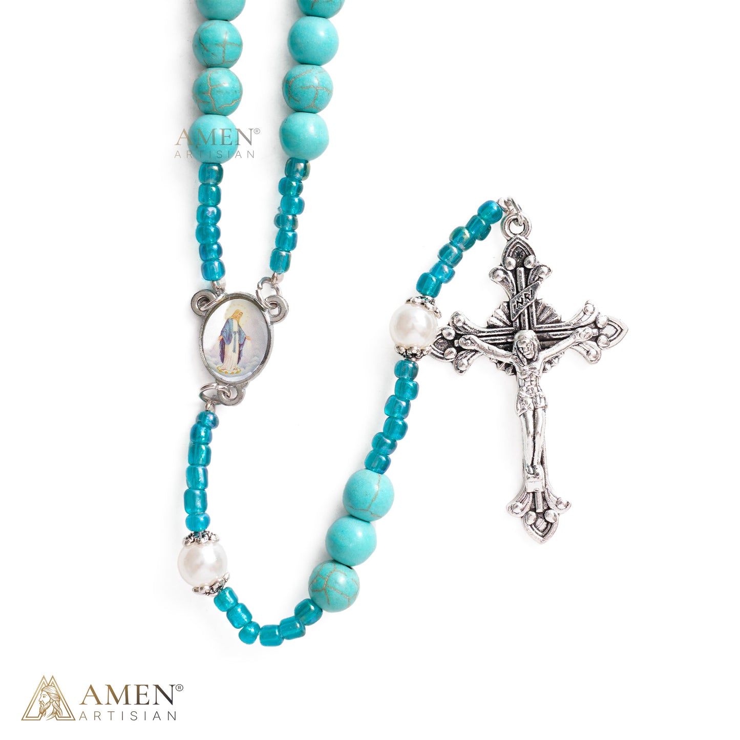 【DEAL TODAY】Blue Beaded Crucifix Necklace with Devotional Medal