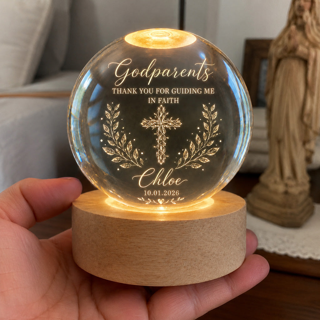 Personalized Godparents Crystal Night Light with Cross, Name, and Date — Faith Keepsake