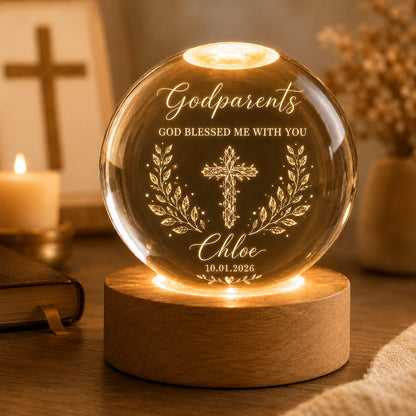 Personalized Godparents Crystal Night Light with Cross, Name, and Date — Faith Keepsake