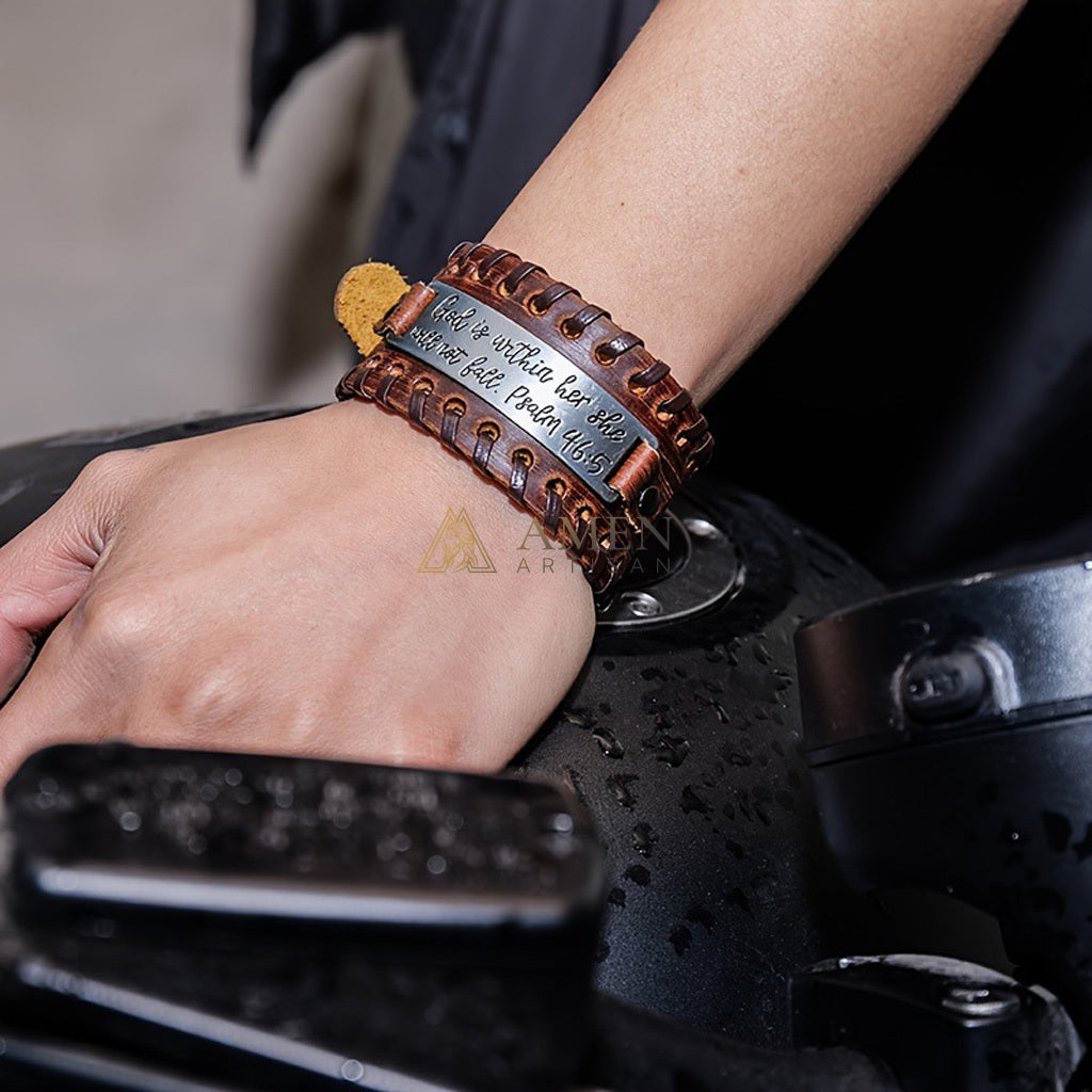 【DEAl TODAY】Handwoven Leather Bible Verse Bracelet - Strength, Faith & Protection |  Amen Artisan