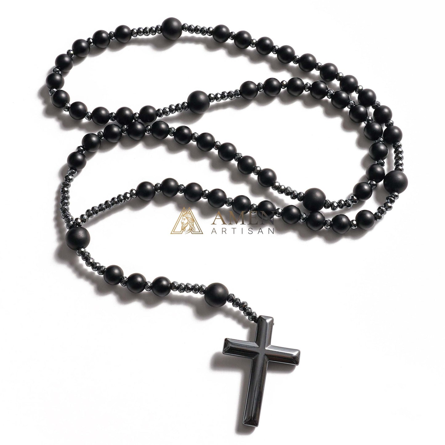 Black Onyx Cross Rosary Amen Artisan