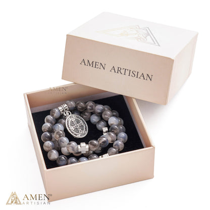 St. Benedict Medal Stretch Bracelet with Marbled Gray Beads