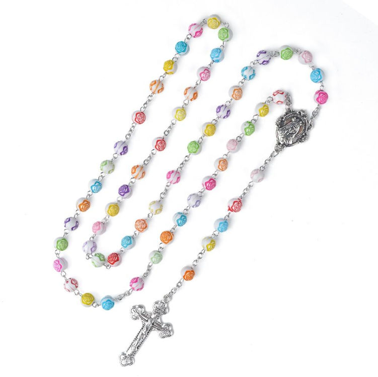 Rosario de cerámica artesanal con rosa de colores Amén, crucifijo del Inmaculado Corazón de María