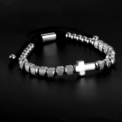 Adjustable Cross Bead Bracelet with Woven Cord