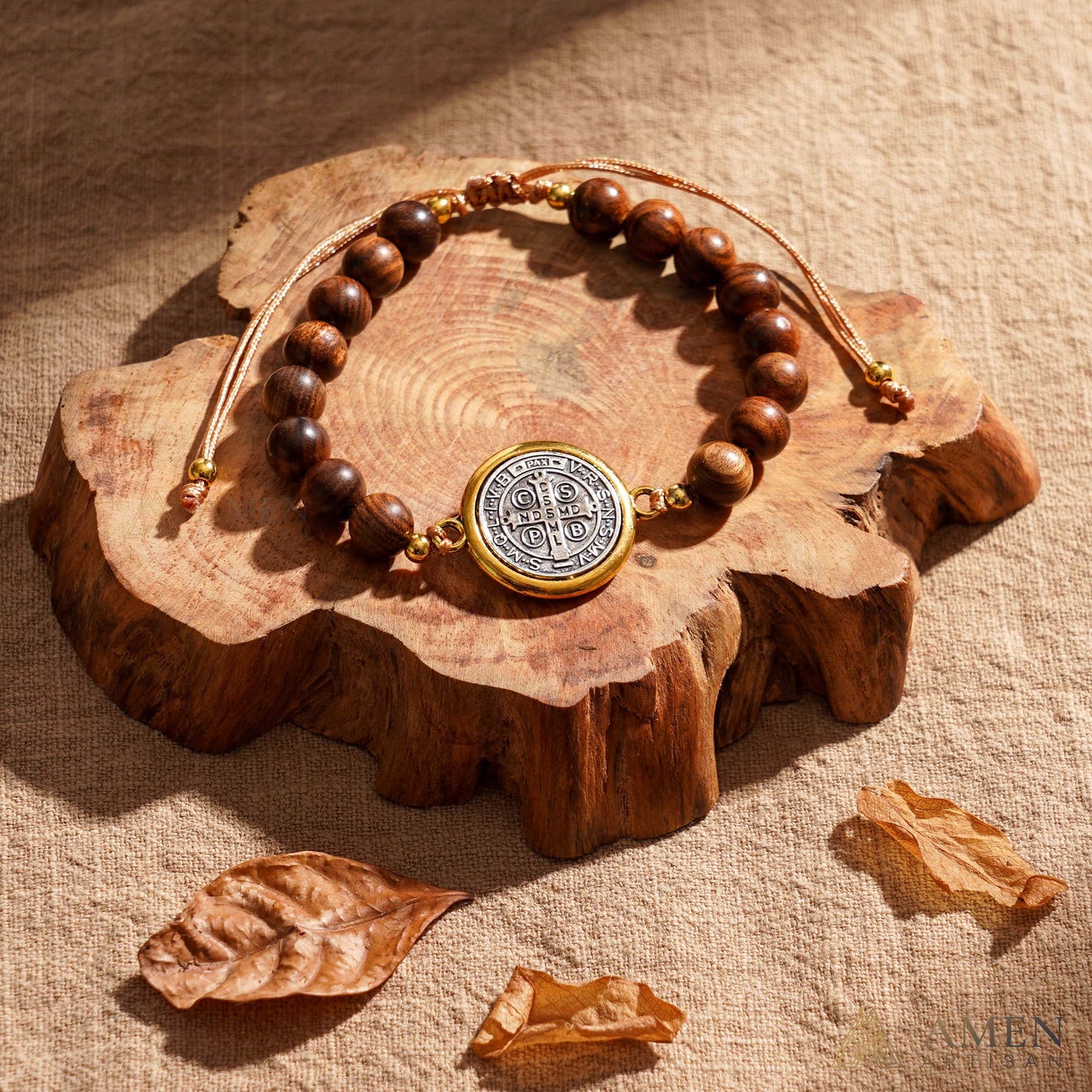 【Deal Today】Wooden Beads Saint Benedict Medal Adjustable Bracelet  | Amen Artisan