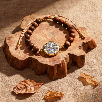 【Deal Today】Wooden Beads Saint Benedict Medal Adjustable Bracelet  | Amen Artisan