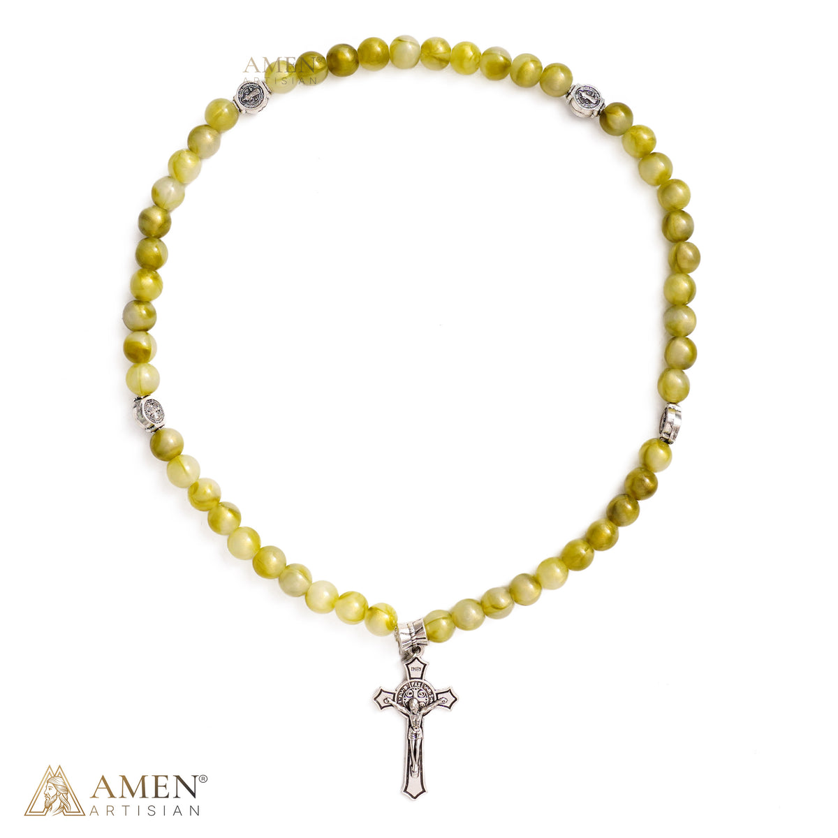 Olive Green St. Benedict Crucifix Beaded Wrap Bracelet and Necklace