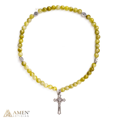 Olive Green St. Benedict Crucifix Beaded Wrap Bracelet and Necklace