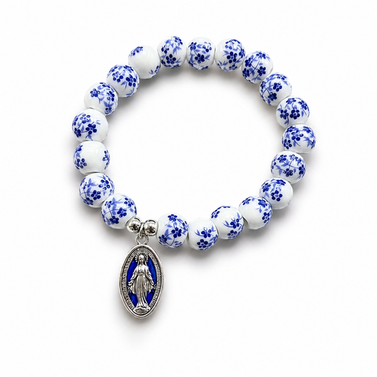 Ceramic Flower Beads Miraculous Medal Stretch Bracelet Amen Artisan