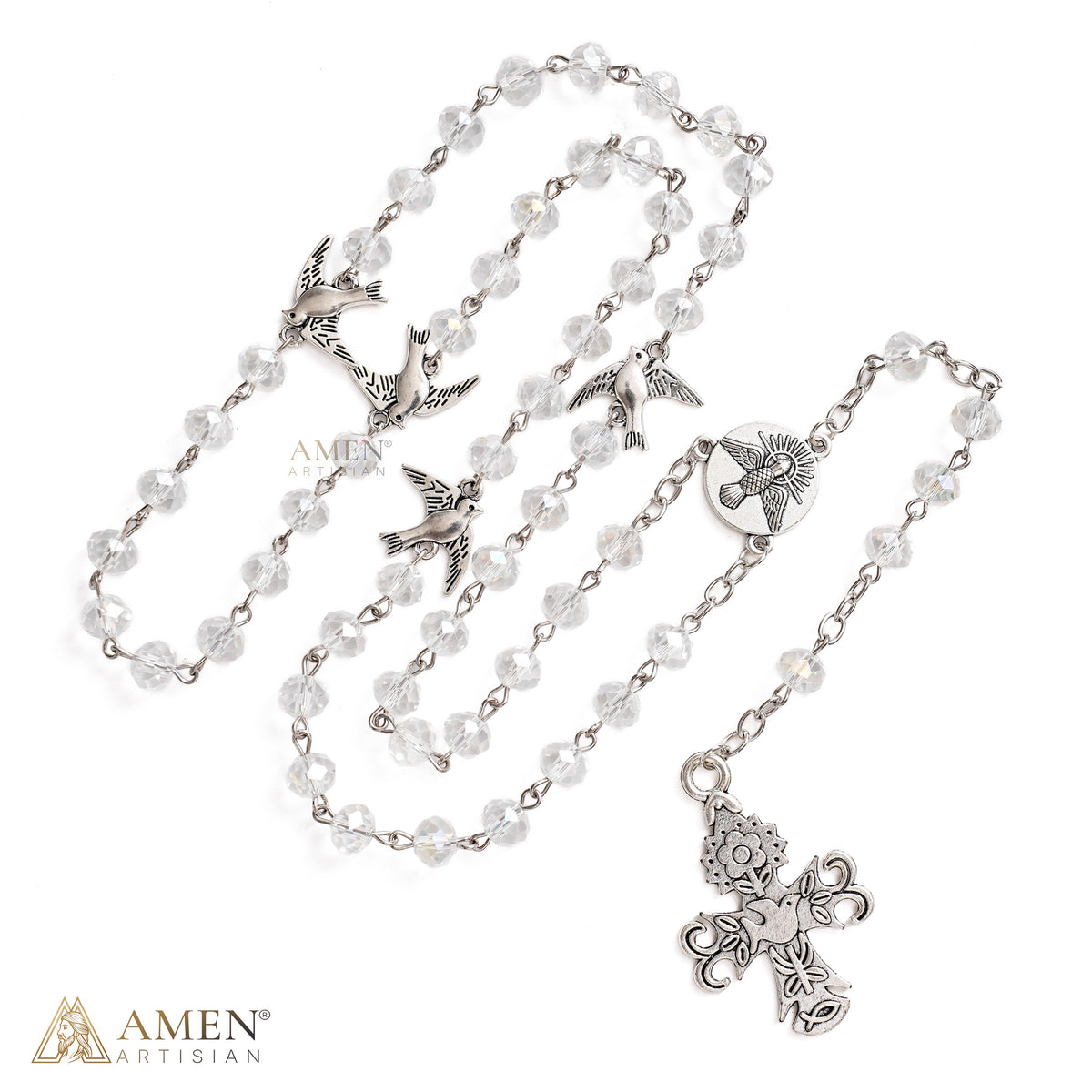 Holy Spirit Dove Rosary-Style Necklace with Clear Faceted Beads