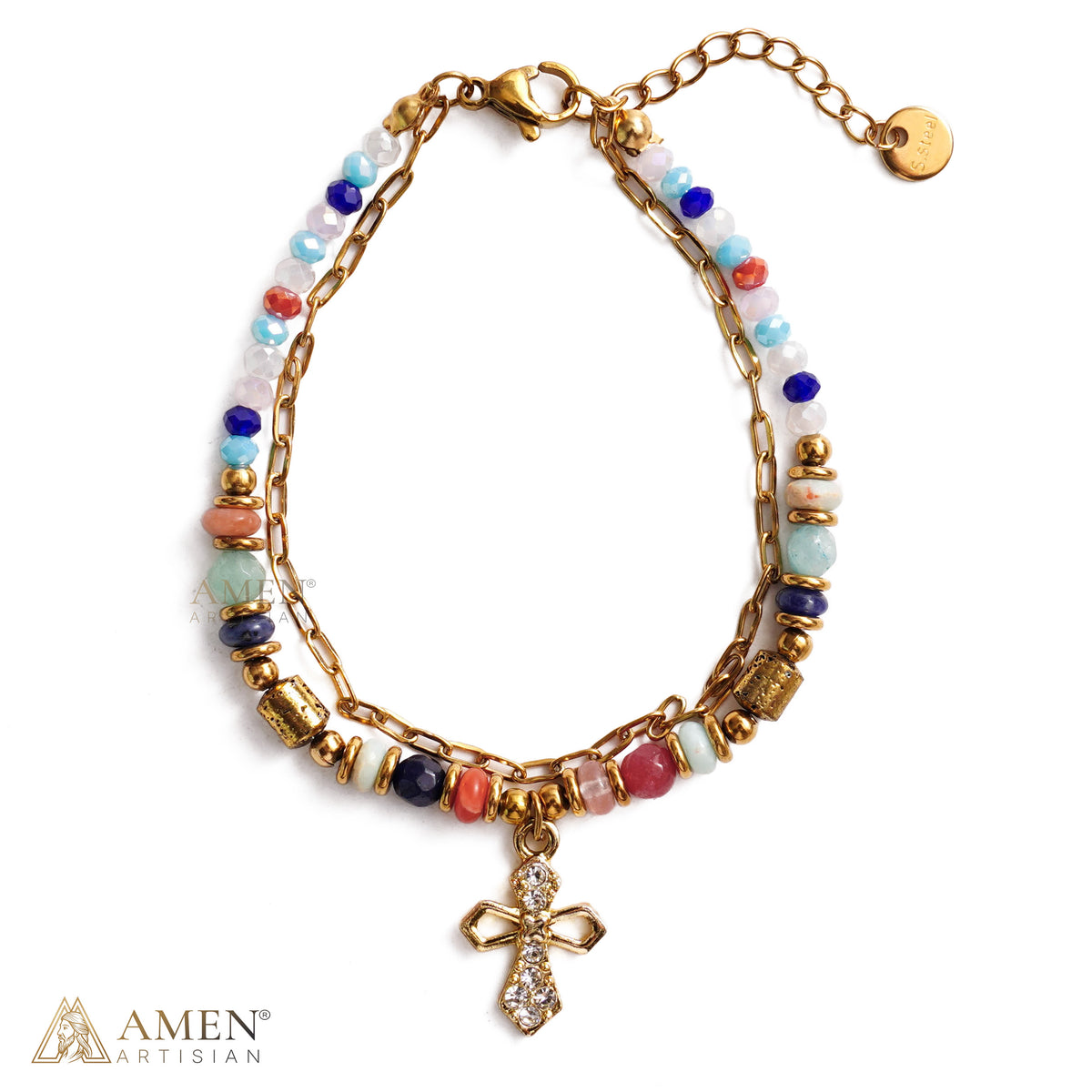 Layered Beaded Bracelet with Sparkling Cross Charm